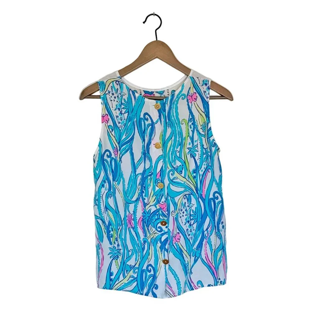 Lilly Pulitzer 100% Silk Tank Blouse, Blue Pattern with Gold Button Back, Size M - Picture 4 of 9